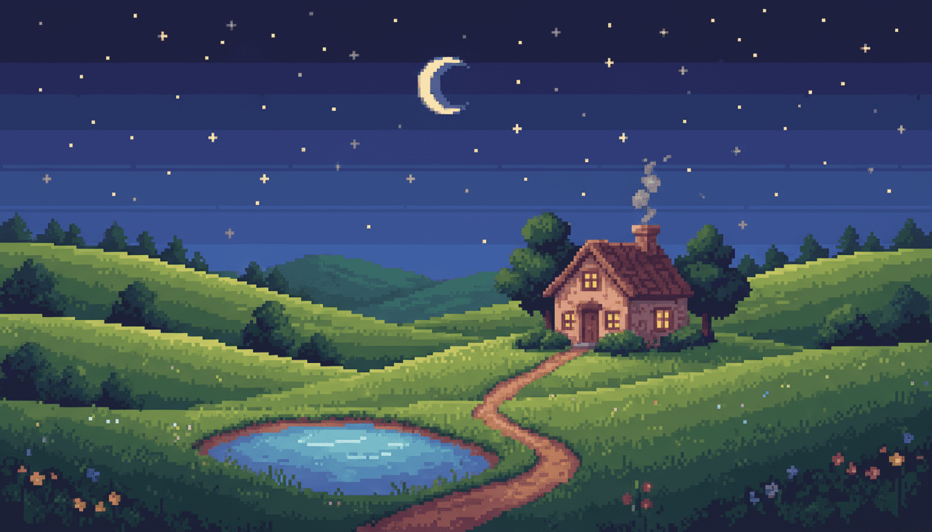 작은 오두막과 별이 빛나는 밤하늘이 있는 고요한 시골의 픽셀 아트 풍경.