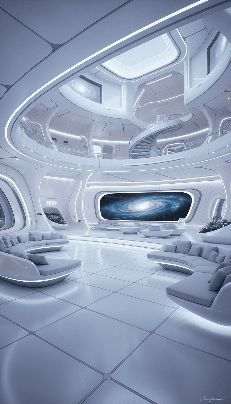 매끄러운 흰색과 은색 표면, 부드러운 주변 조명으로 이루어진 미래적인 인테리어.