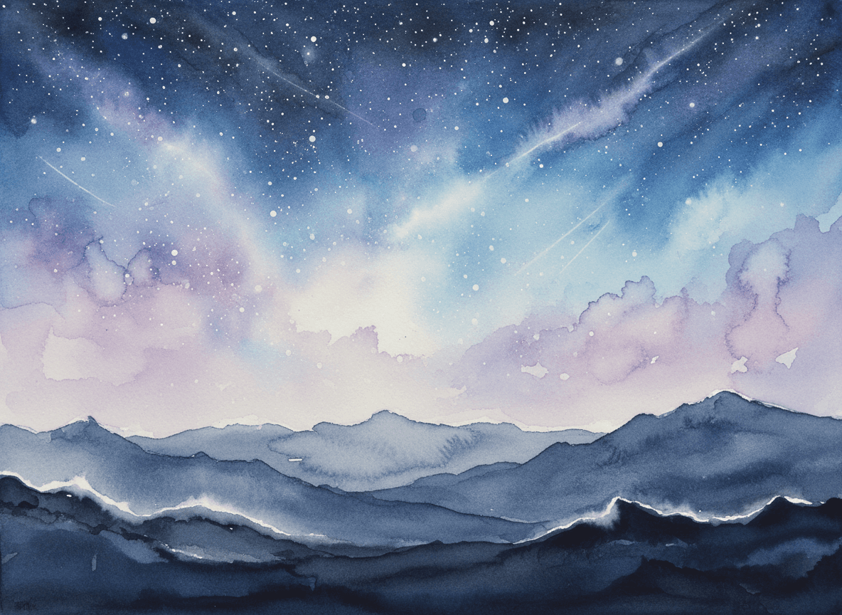 산 실루엣 위로 별이 빛나는 밤하늘을 수채화로 그린 그림, 성운 효과.