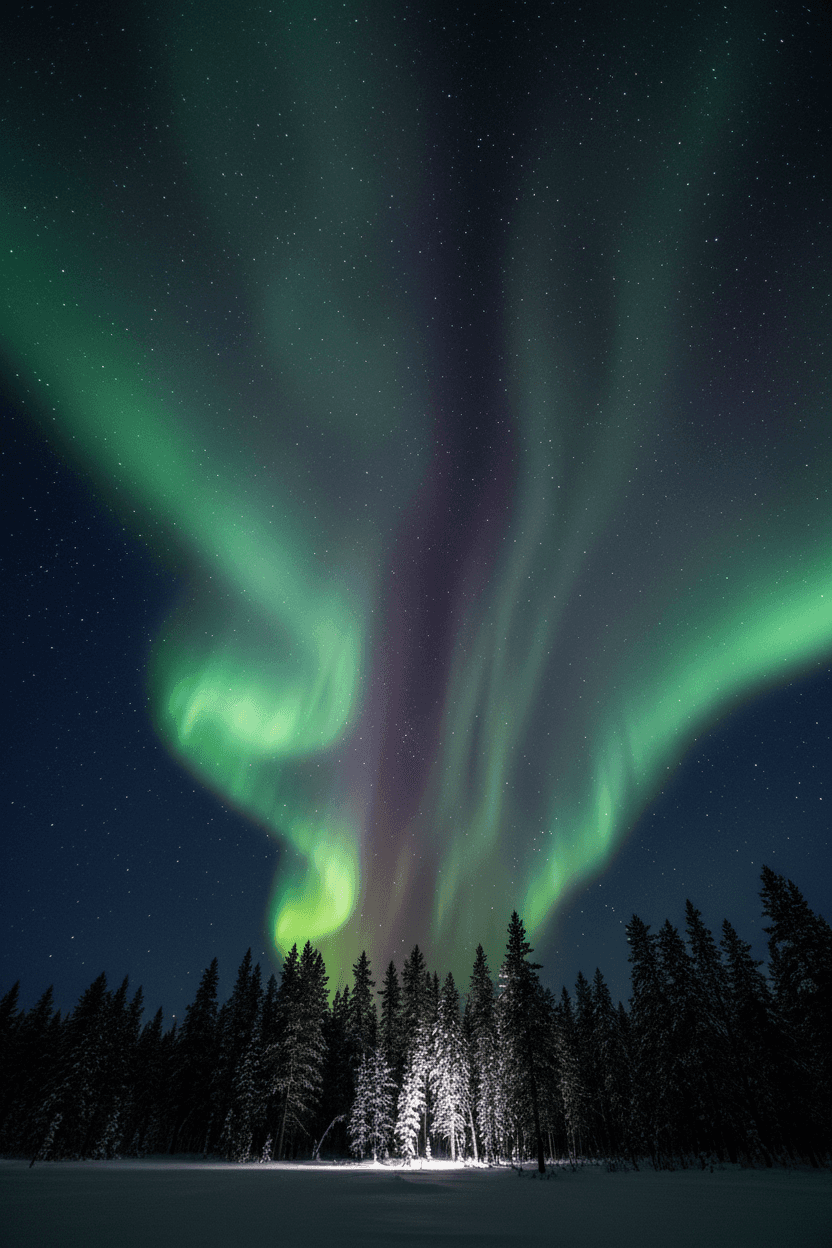 어두운 숲 위로 휘몰아치는 찬란한 오로라와 별이 빛나는 밤하늘.