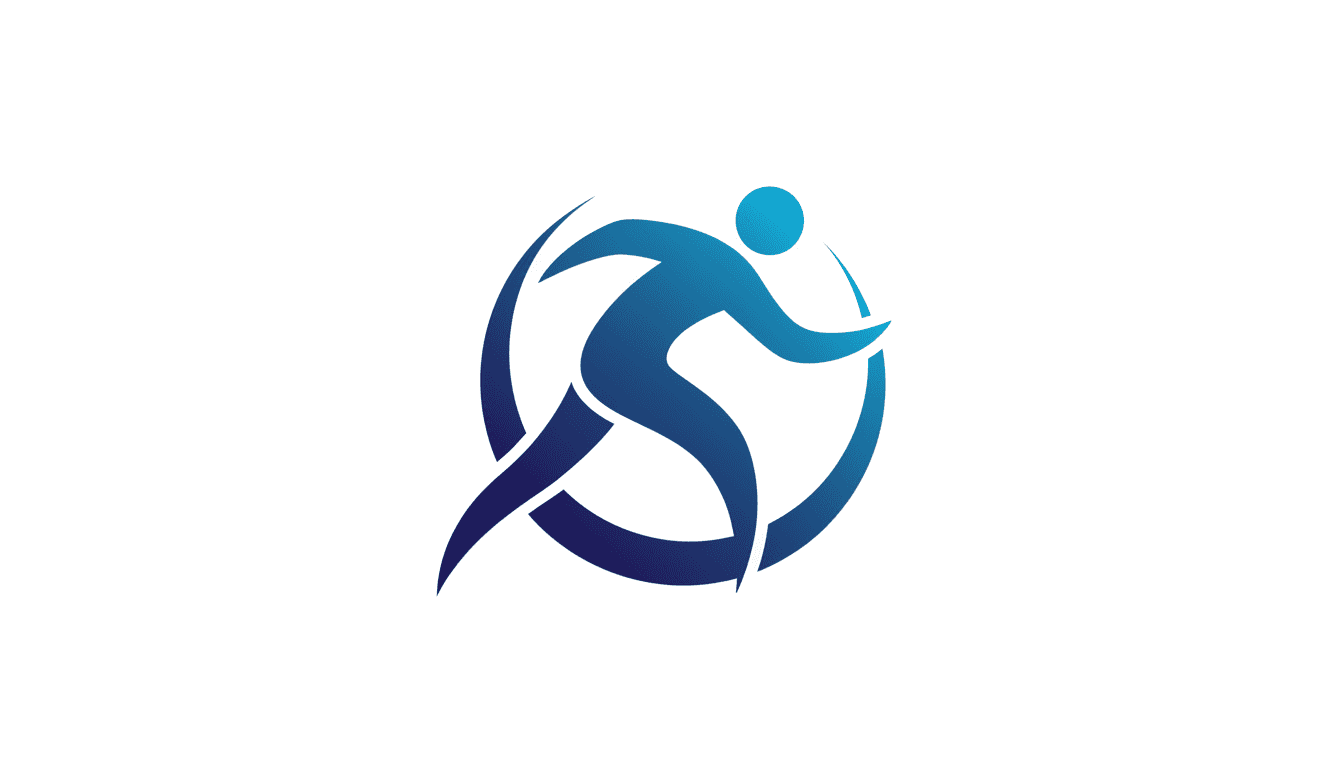 역동적인 실루엣과 짙은 파란색 그라데이션이 적용된 양식화된 사람 아이콘.