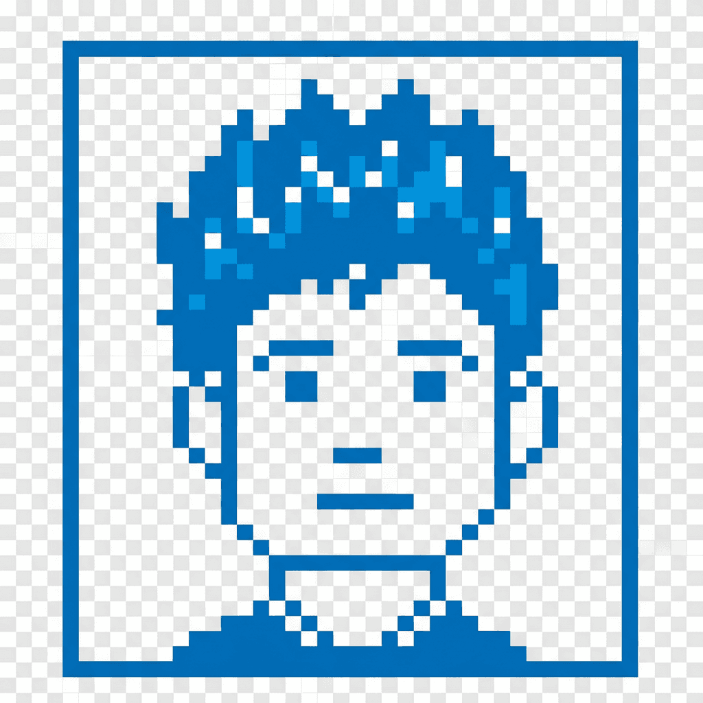 파란색과 흰색 팔레트의 8비트 레트로 픽셀 아트 사람 아이콘 머리.