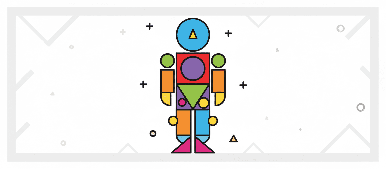 정사각형, 원, 삼각형과 같은 상호 연결된 다채로운 도형으로 구성된 추상적인 기하학적 사람 아이콘.