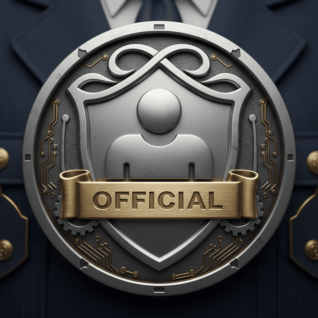 권위를 상징하며 금속 질감과 양각 효과가 있는 양식화된 배지 또는 방패 안에 통합된 사람 아이콘.