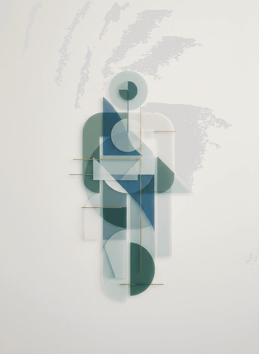 겹쳐진 반투명 기하학적 형태로 구성된 추상적인 사람 아이콘.