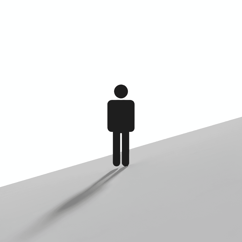 깔끔한 흰색 배경에 부드러운 그림자를 드리운 표면 위에 서 있는 미니멀리스트 전신 사람 실루엣 아이콘.