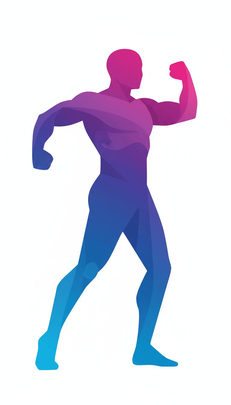 생생한 파란색-보라색 그라데이션으로 채워진 역동적인 사람 아이콘 실루엣.