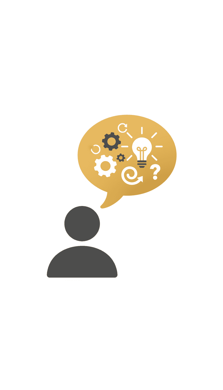 생각이나 숙고를 나타내는 노란색과 회색의 생각 풍선과 결합된 사람 아이콘.
