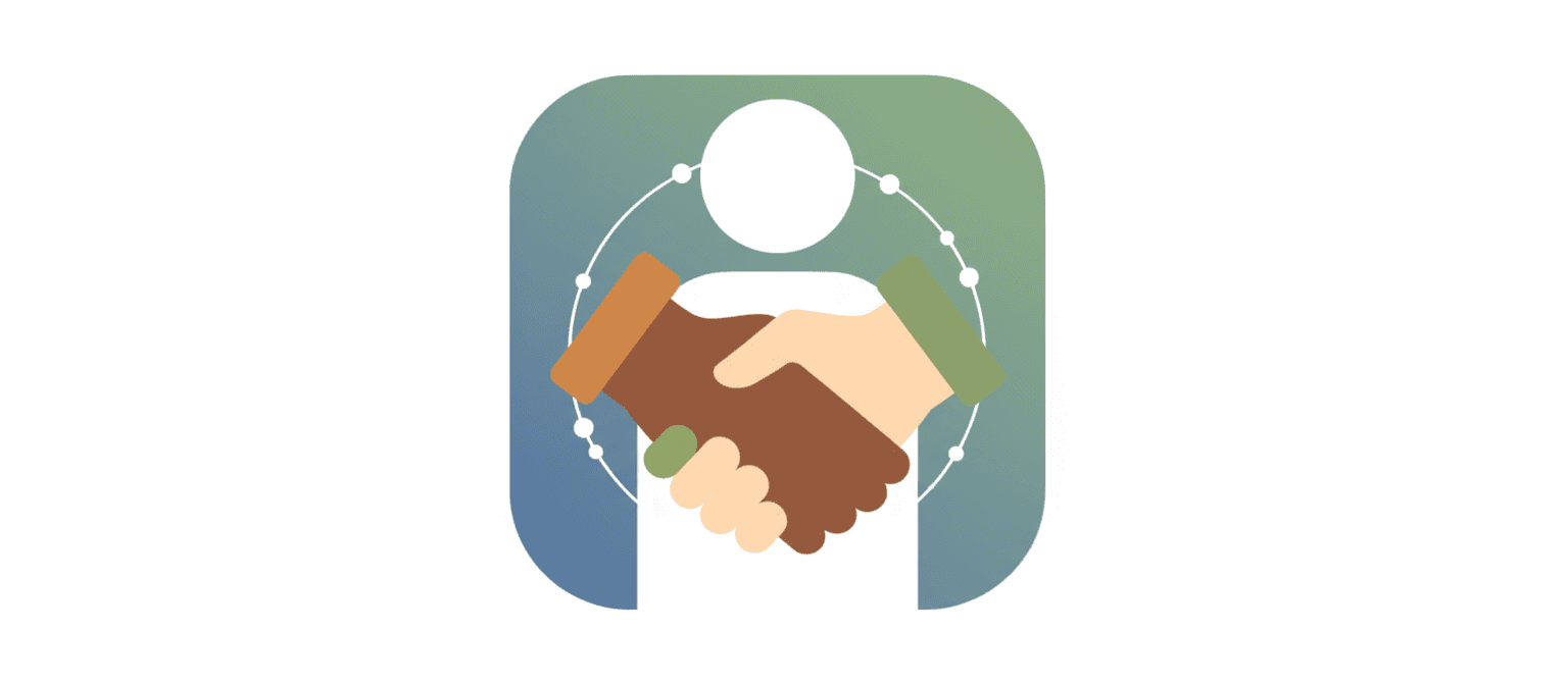 연결이나 공동체를 상징하는 단순화된 악수를 묘사한 사람 아이콘으로, 다양한 손 색상의 플랫 벡터 스타일.