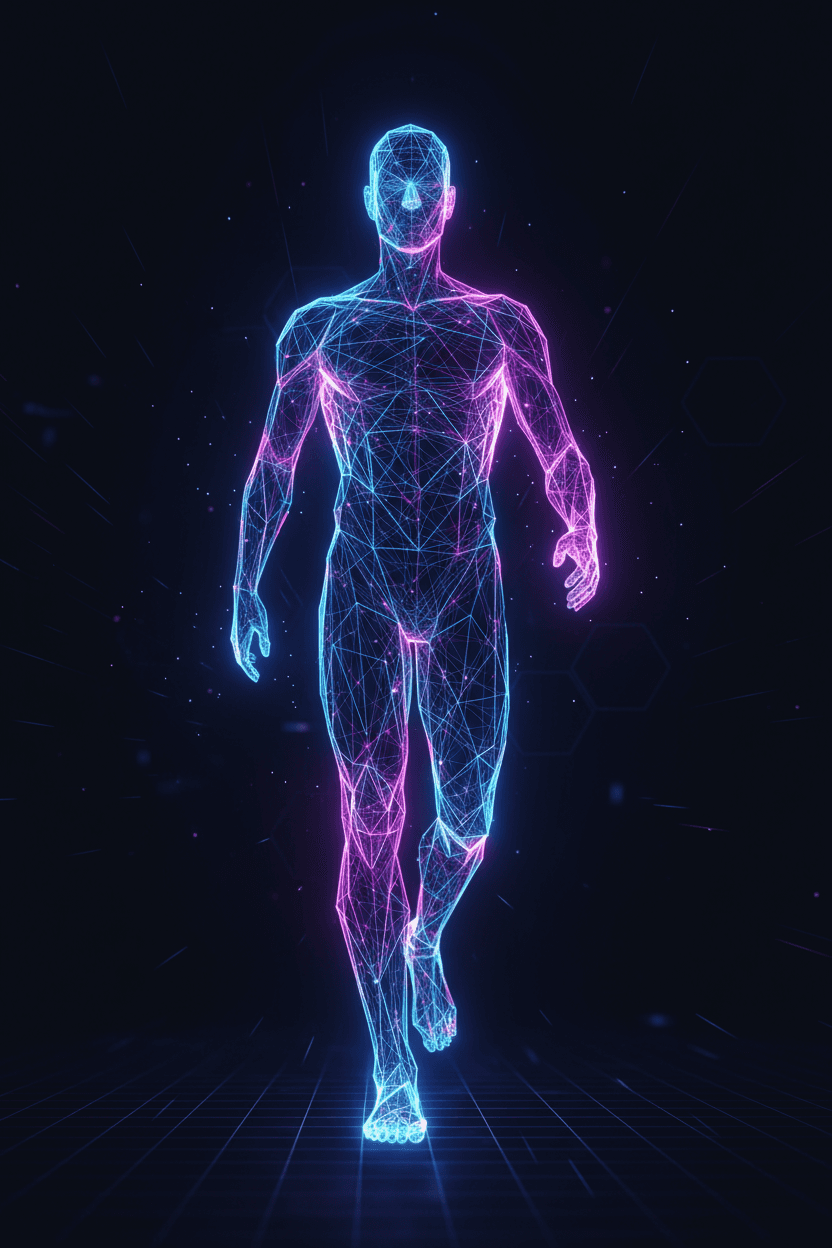 추상적인 3D 메쉬를 닮은 기하학적 와이어프레임 사람 아이콘으로, 기술적이고 미래 지향적이며 네온 불빛이 특징.