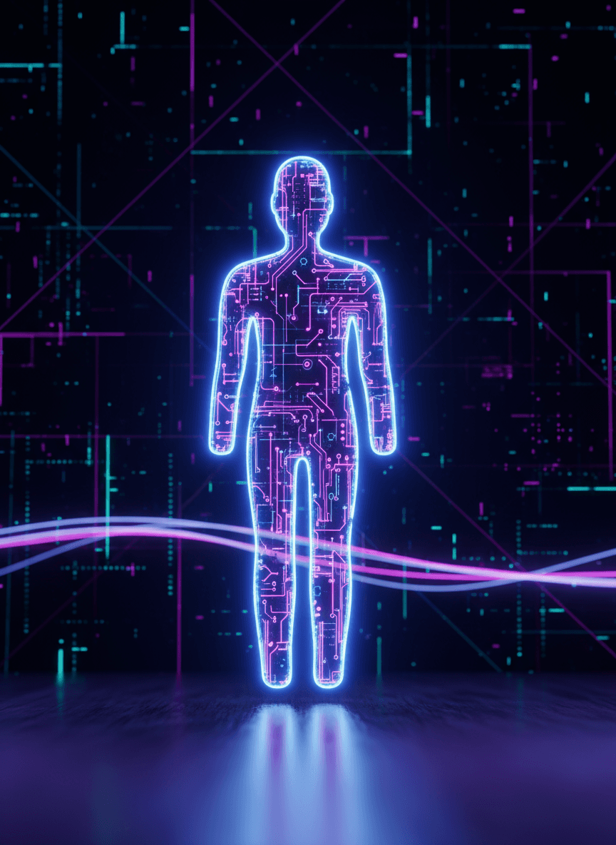 생생한 파란색과 보라색 빛을 발하는 미래적인 네온 사람 아이콘.