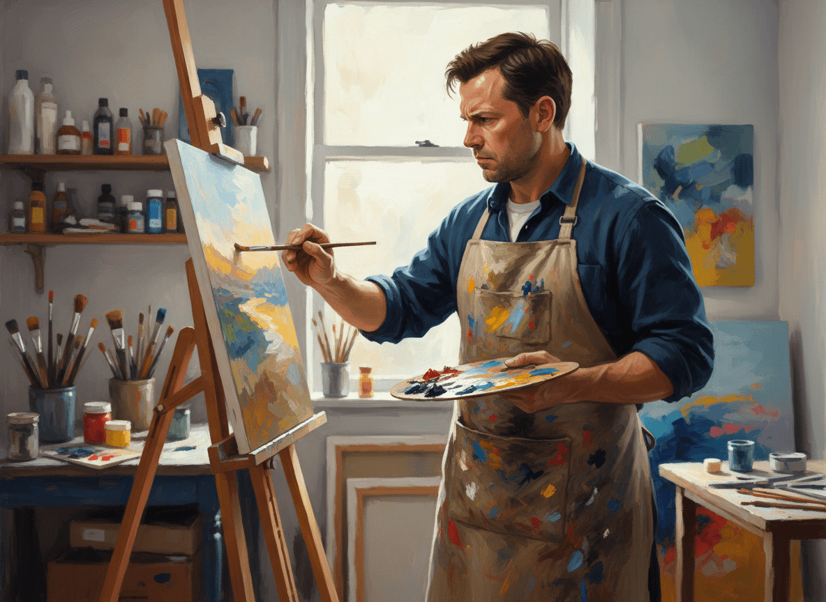 이젤에 그림을 그리는 집중한 표정의 예술가.