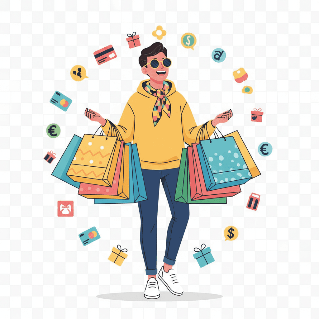 여러 쇼핑백을 들고 미소 짓는 사람의 현대적인 플랫 일러스트 스타일 투명 배경 이미지.