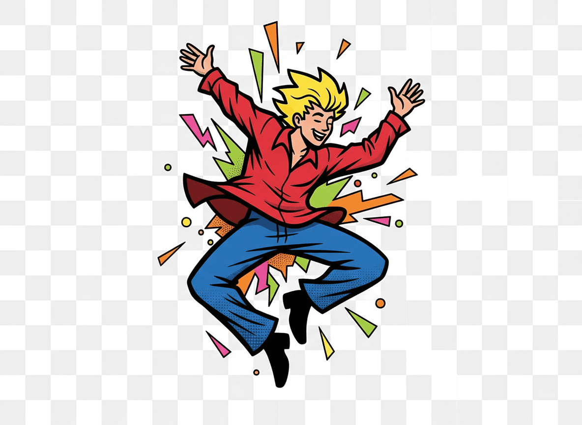 에너지 넘치게 춤추는 사람의 활기찬 팝 아트 일러스트, 배경 투명.