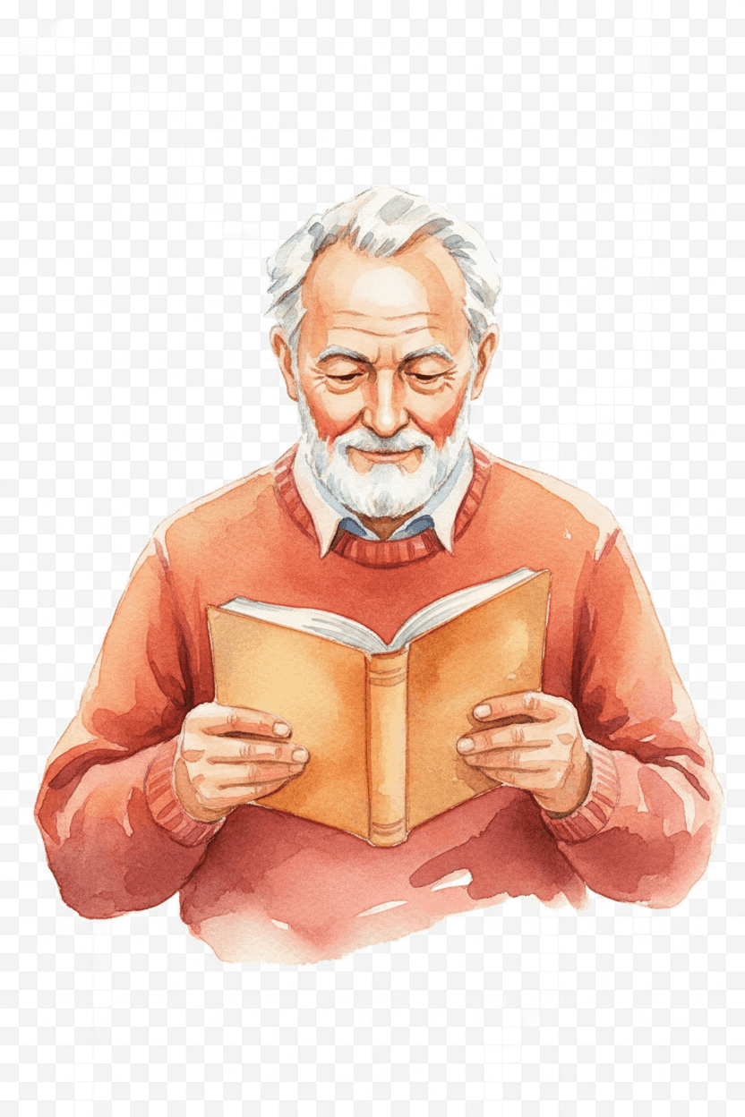 책을 읽는 노인의 수채화 그림, 배경 투명.