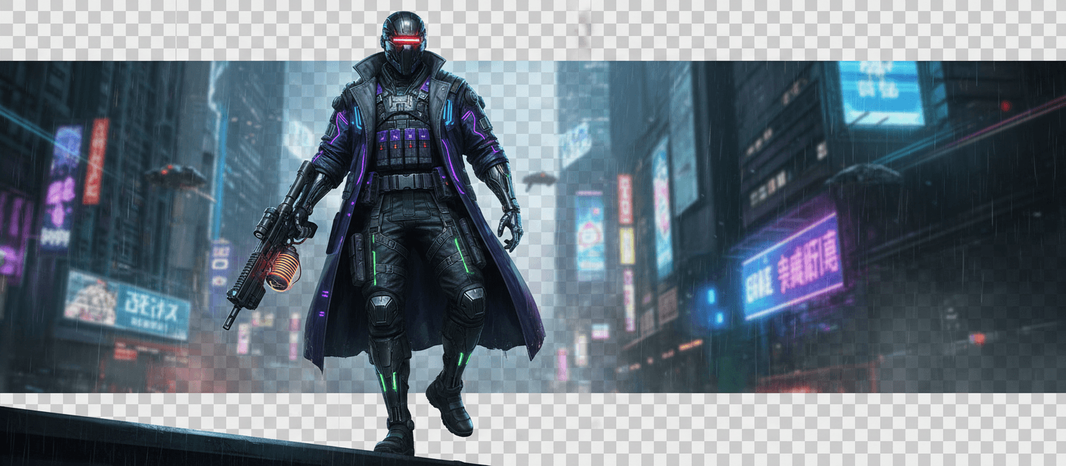 미래 지향적인 복장을 한 사이버펑크 캐릭터, 배경 투명.
