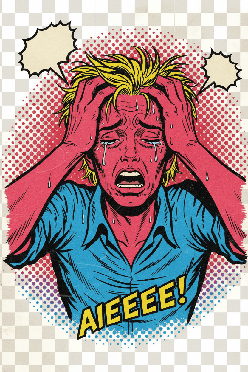 곤경에 처한 사람의 빈티지 만화 스타일 일러스트, 배경 투명.