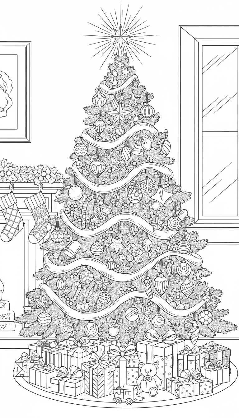 선물이 놓여진 아름답게 장식된 크리스마스 트리의 색칠공부 도안.