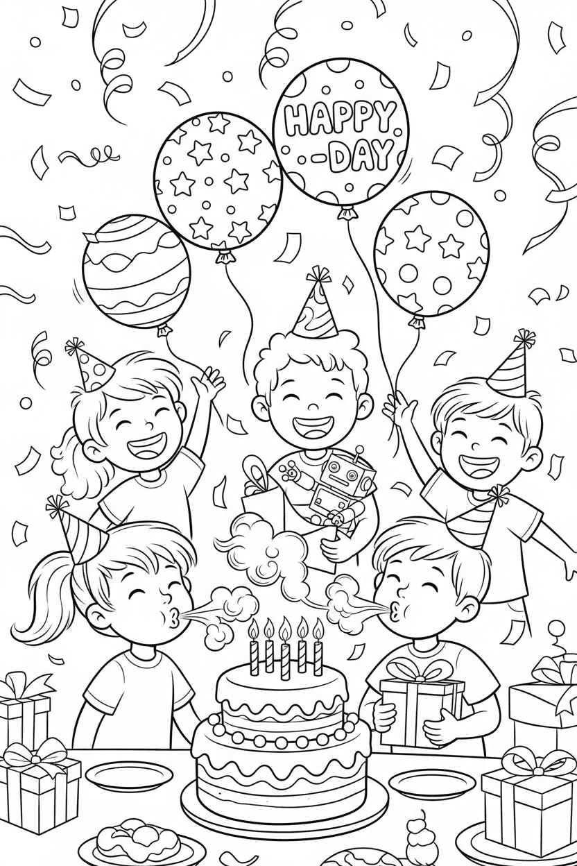 아이들이 촛불을 끄고 선물을 열며 풍선과 노는 축제 분위기의 생일 파티 색칠공부 도안.