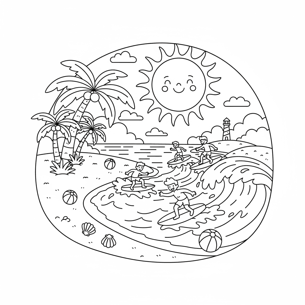 태양, 모래, 서퍼, 야자수가 있는 여름 해변 풍경 색칠공부 도안, 밝고 간단한 스타일.
