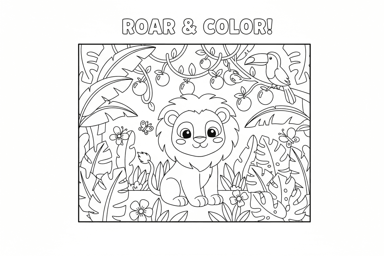 정글에 앉아있는 친근하고 웃는 아기 사자의 상세한 색칠공부 도안. 명확하고 두꺼운 윤곽선과 흰색 배경을 가지고 있습니다.