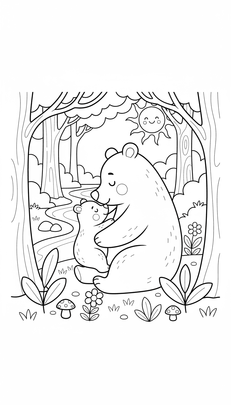 자연 숲 배경에서 사랑스러운 어미 곰과 아기 곰을 그린 따뜻한 야생 동물 가족 색칠공부 도안.