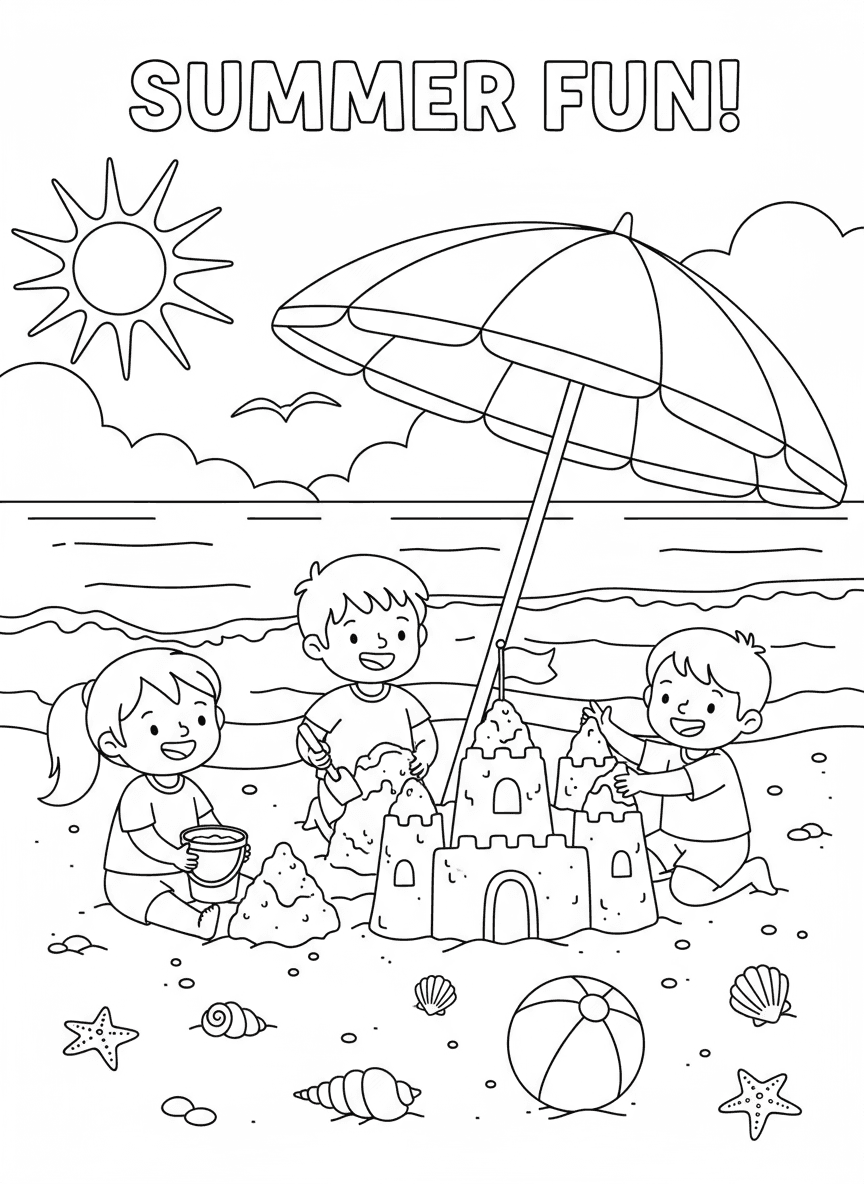 아이들이 모래성 놀이를 하고 파라솔과 잔잔한 파도가 있는 바닷가 풍경의 생기 넘치는 여름 해변 색칠공부 도안.