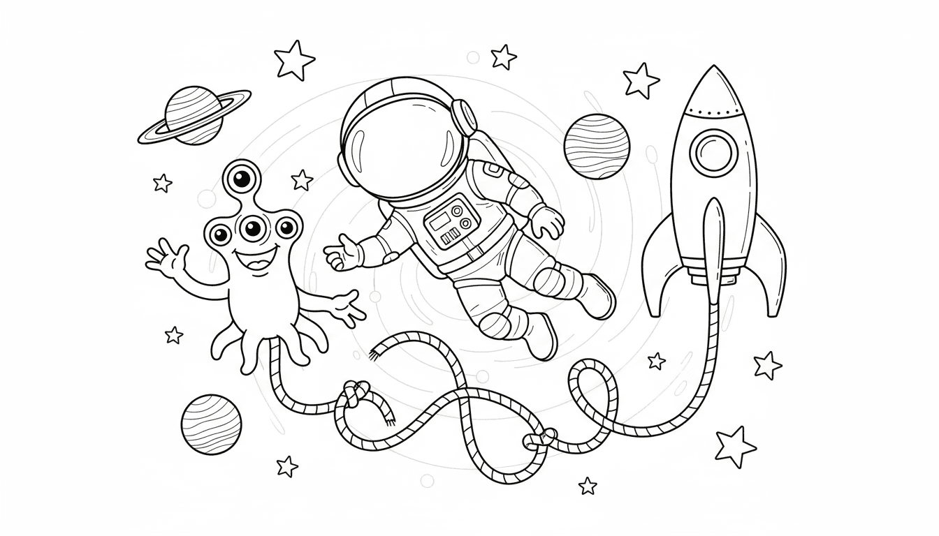 우주 비행사, 친근한 외계인, 로켓선이 별과 행성들 사이에 있는 우주 모험 색칠공부 도안.
