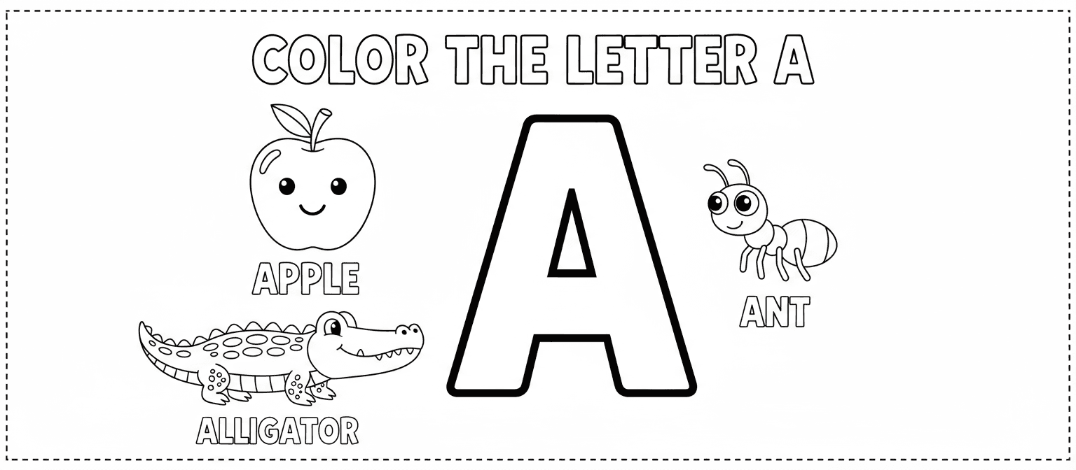 큰 글자 'A'와 사과, 악어, 개미가 있는 알파벳 색칠공부 도안, 교육용.