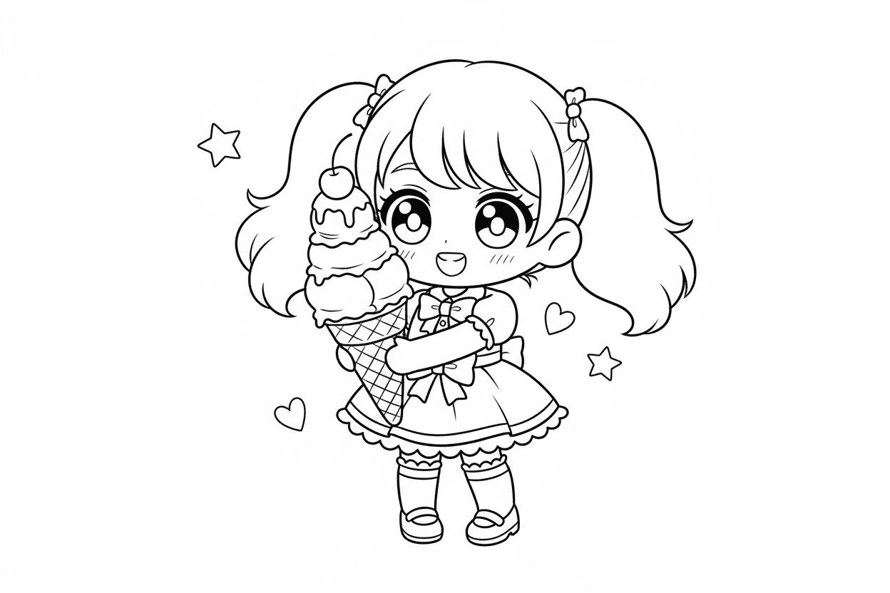 큰 아이스크림 콘을 들고 있는 귀여운 치비 소녀 캐릭터의 색칠공부 도안, 간단한 애니메이션 스타일.