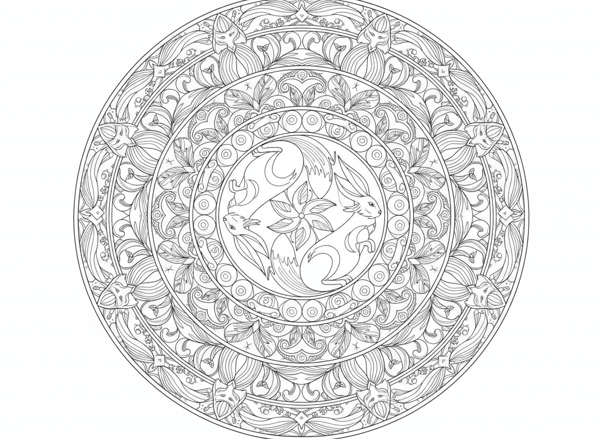 여우와 토끼가 얽힌 대칭적인 패턴의 동물 테마 만다라 색칠공부 도안, 스트레스 해소용입니다.