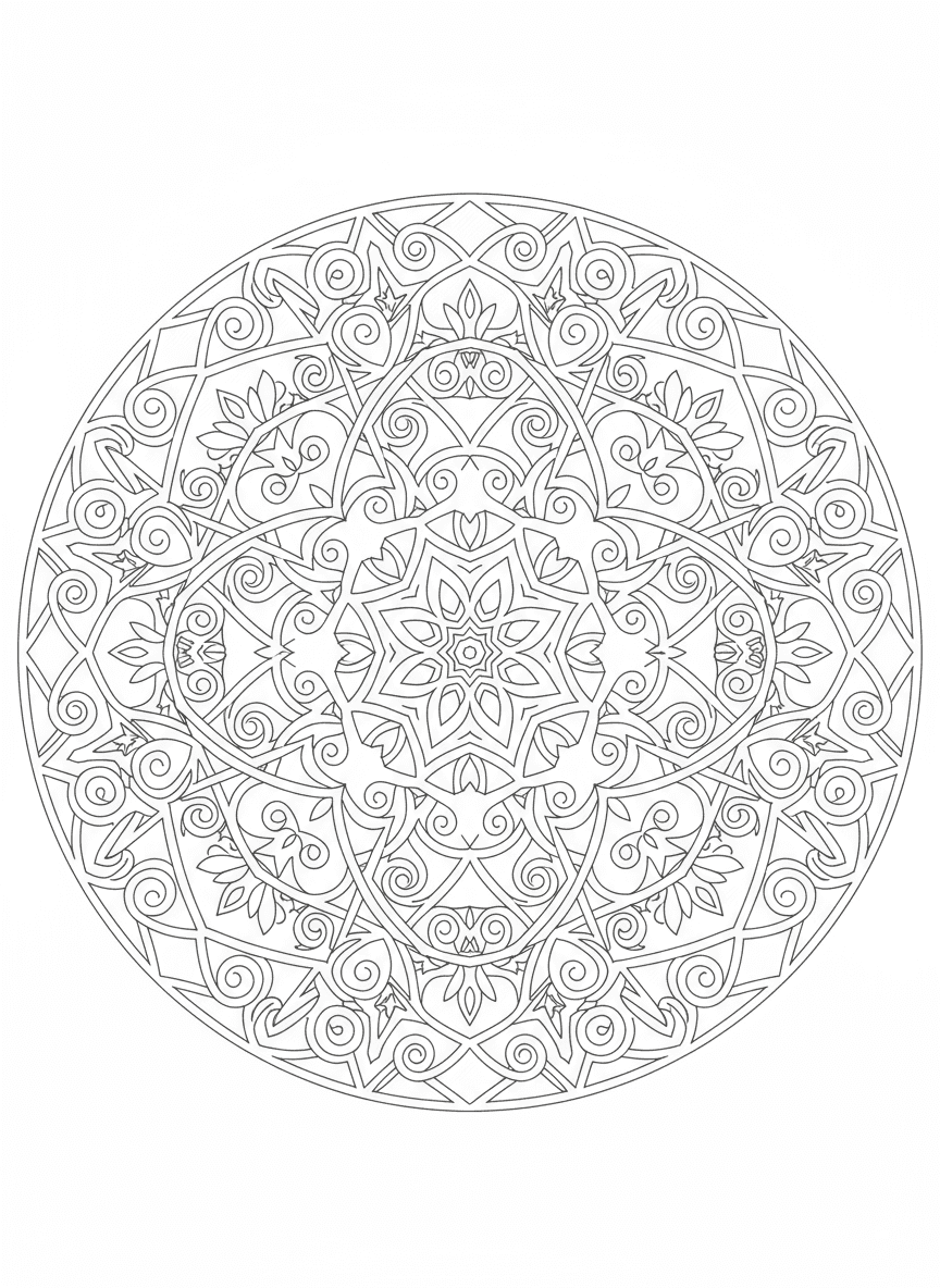 얽히고설킨 선과 도형으로 이루어진 복잡하고 대칭적인 만다라 스타일의 기하학적 패턴 색칠공부 도안.