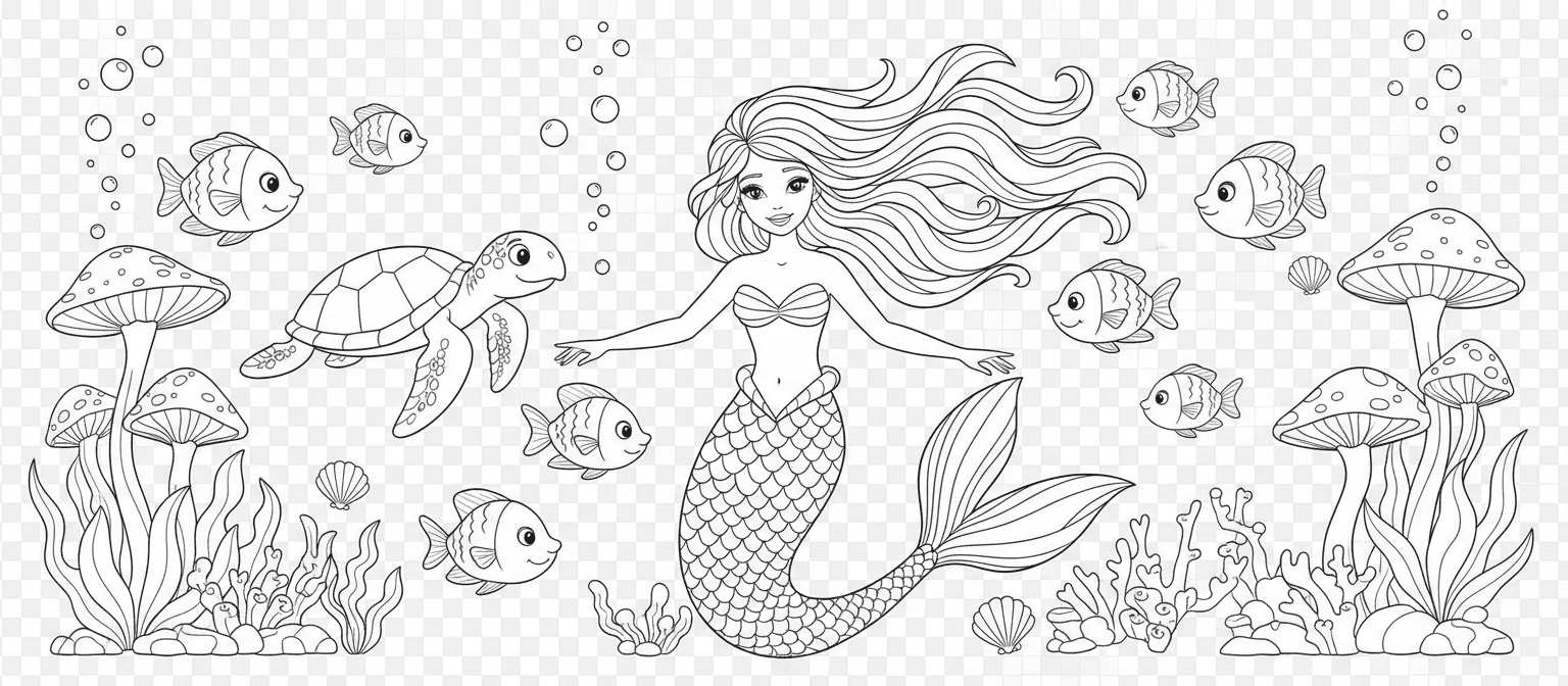 우아한 인어, 물고기, 바다거북, 산호가 함께 있는 매혹적인 수중 인어 장면 색칠공부 도안.