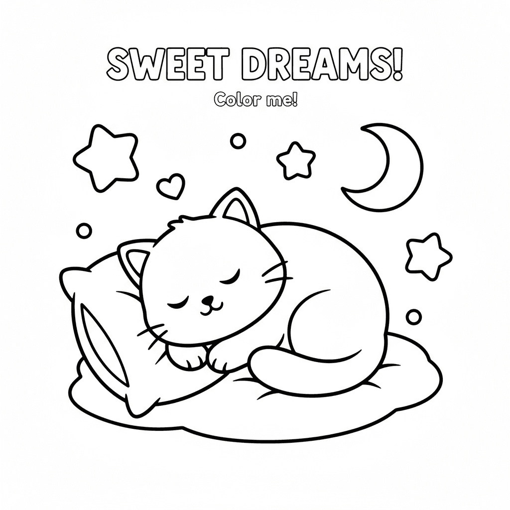 잠자는 아기 고양이의 귀여운 색칠공부 도안, 간단한 윤곽선으로 유아용으로 디자인되었습니다.