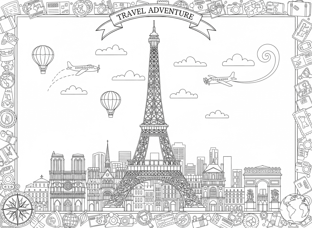 에펠탑과 도시 풍경이 있는 유명한 랜드마크 색칠공부 도안입니다.