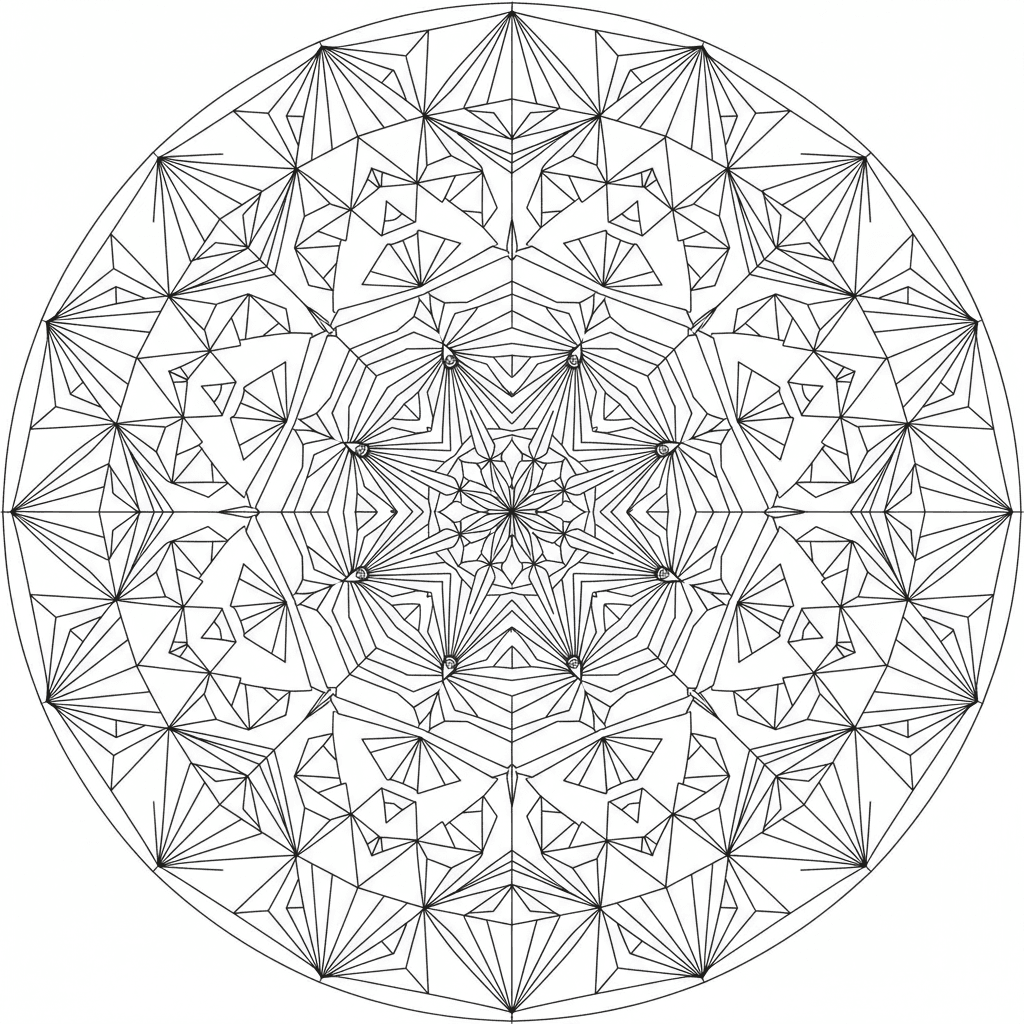 반복적인 복잡한 대칭 기하학적 패턴의 색칠공부 도안, 착시 현상 포함.