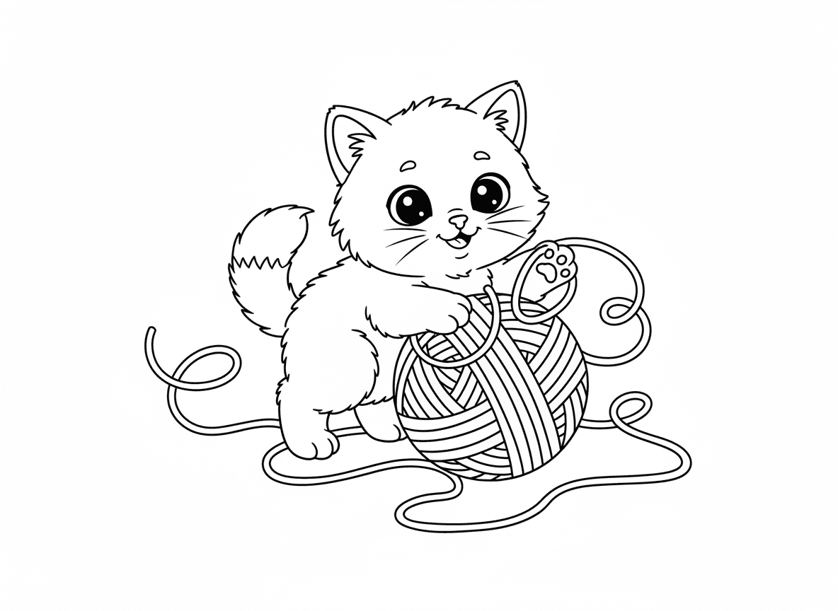 실뭉치를 가지고 노는 귀여운 아기 고양이의 간단한 색칠공부 도안, 선화.