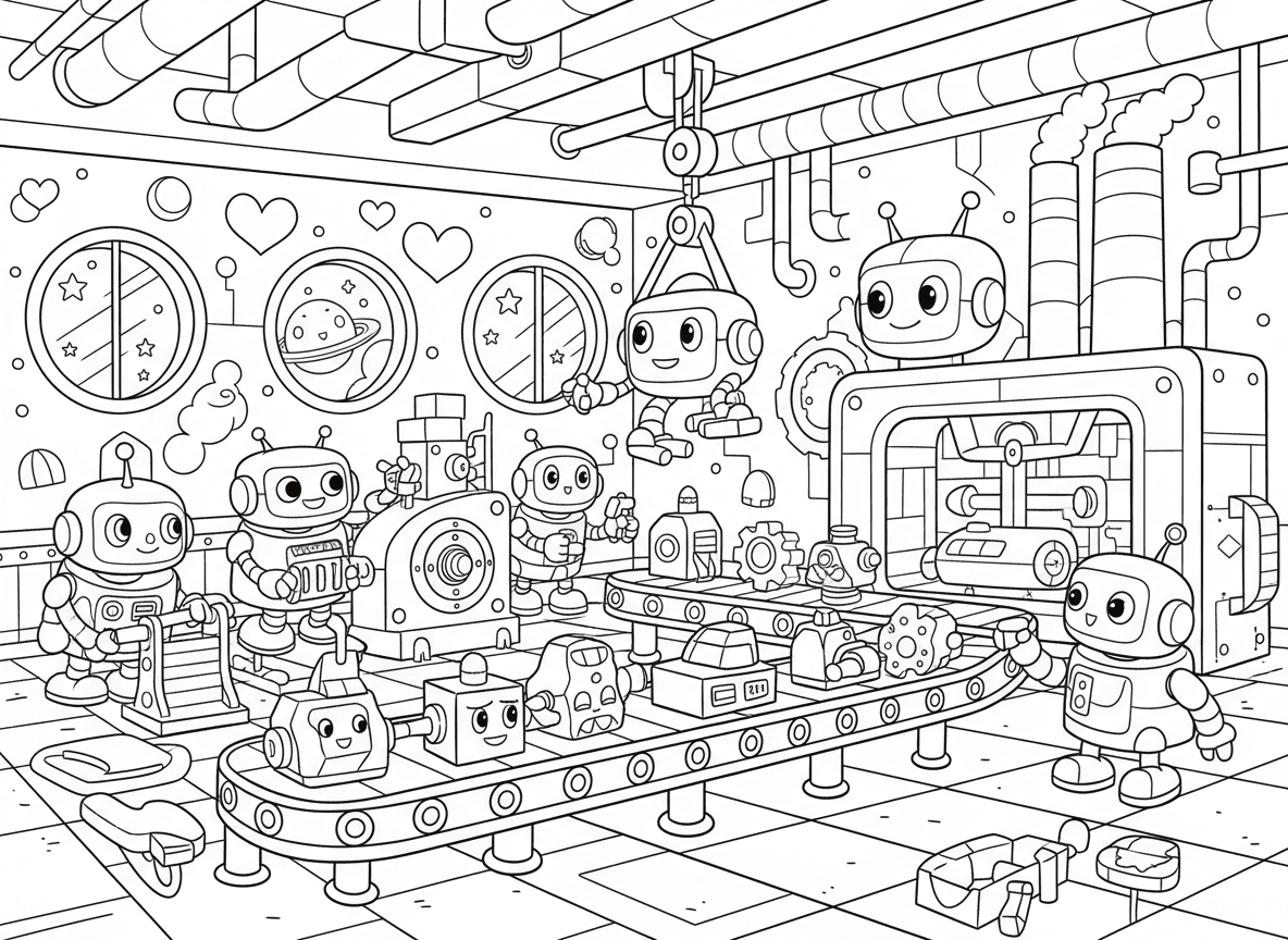 친근한 로봇들이 기계와 컨베이어 벨트를 다루는 미래형 로봇 공장 색칠공부 도안.