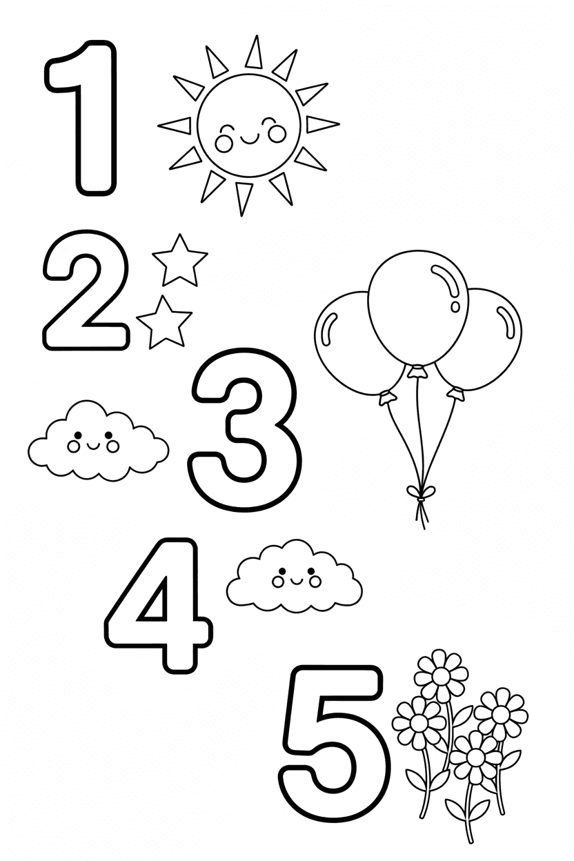 숫자 1부터 5까지의 색칠공부 도안. 각 숫자 옆에 태양, 별, 풍선 등 해당 수량의 사물이 있습니다.