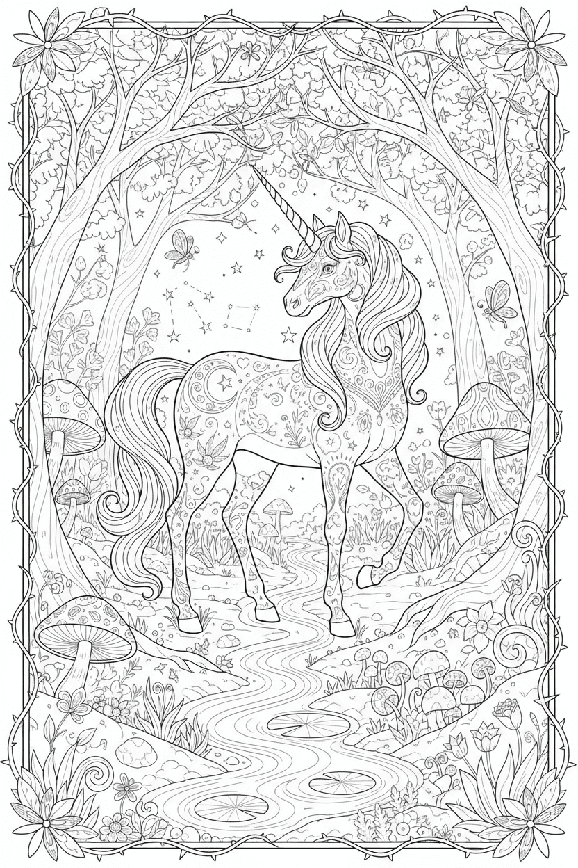 기묘한 숲에 서 있는 마법의 유니콘의 섬세한 색칠공부 도안, 복잡한 선화.