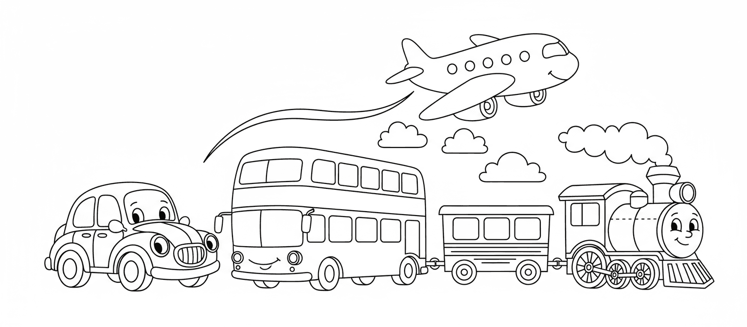 자동차, 버스, 기차, 비행기와 같은 다양한 교통수단이 있는 교통 색칠공부 도안. 간단하고 명확한 윤곽선입니다.
