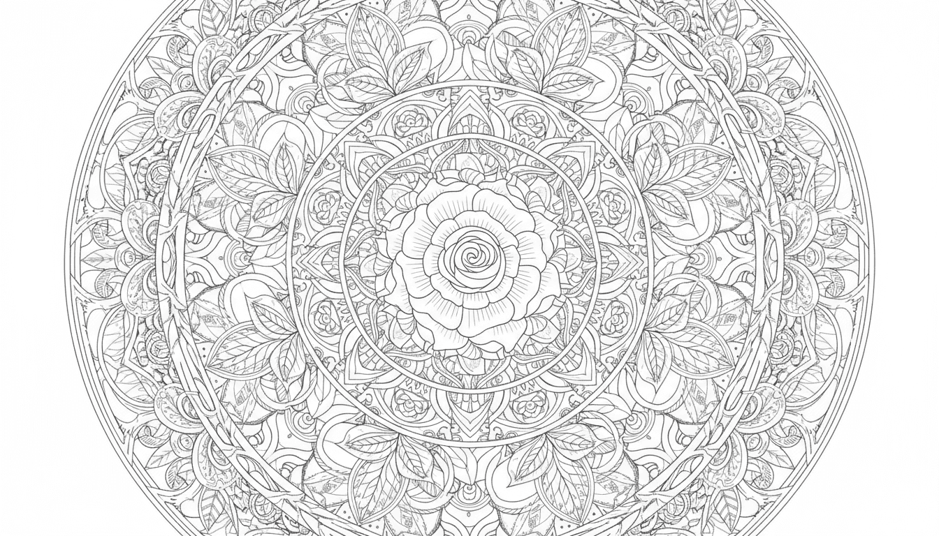 장미와 잎사귀 패턴의 복잡한 꽃 만다라 성인용 색칠공부 도안입니다.