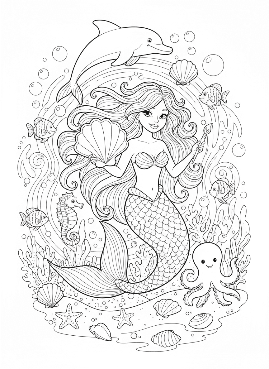 바다 생물과 조개껍질에 둘러싸인 아름다운 인어의 색칠공부 도안입니다.