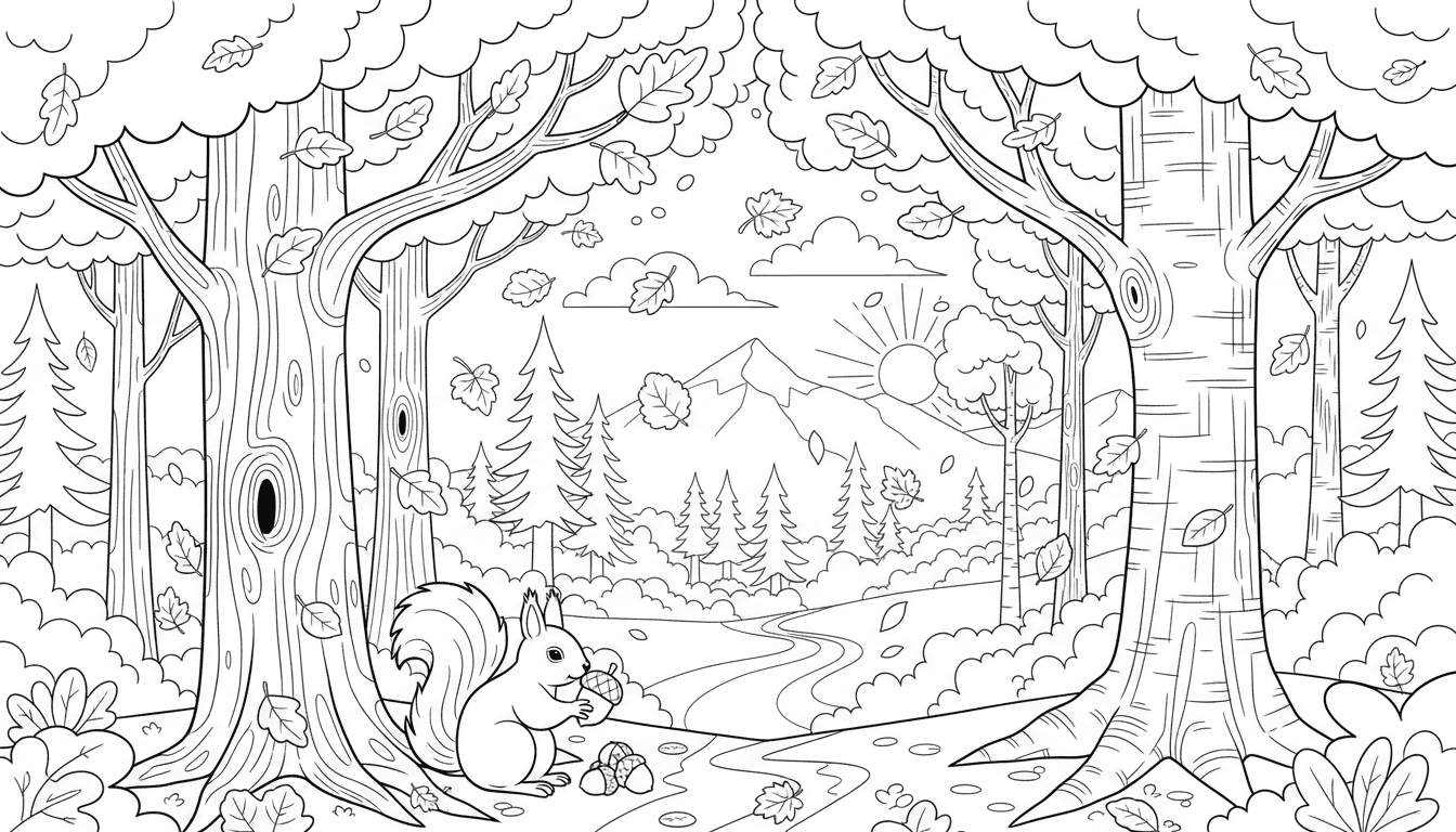 낙엽 지는 가을 숲 풍경과 도토리를 모으는 다람쥐의 색칠공부 도안입니다.