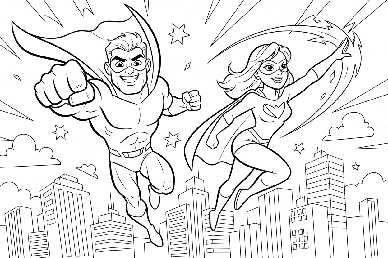 두 명의 만화 스타일 슈퍼히어로가 날아다니고 역동적으로 포즈를 취하는 색칠공부 도안. 도시 스카이라인이 배경에 있습니다.