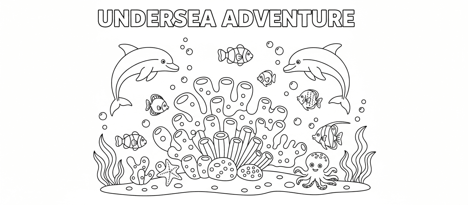 산호초 사이에서 뛰노는 돌고래와 물고기가 있는 바닷속 풍경 색칠공부 도안입니다.