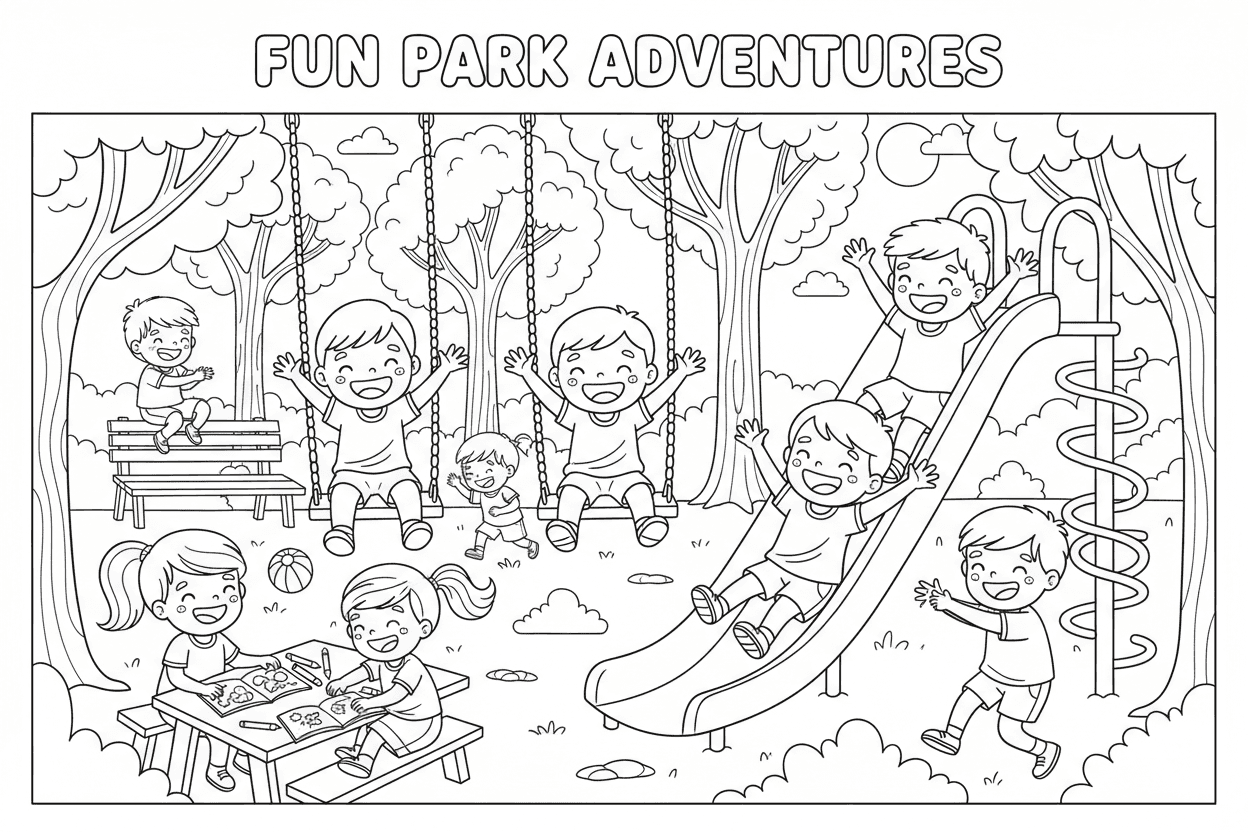 공원에서 즐겁게 그네를 타고 미끄럼틀을 타는 아이들의 색칠공부 도안입니다.