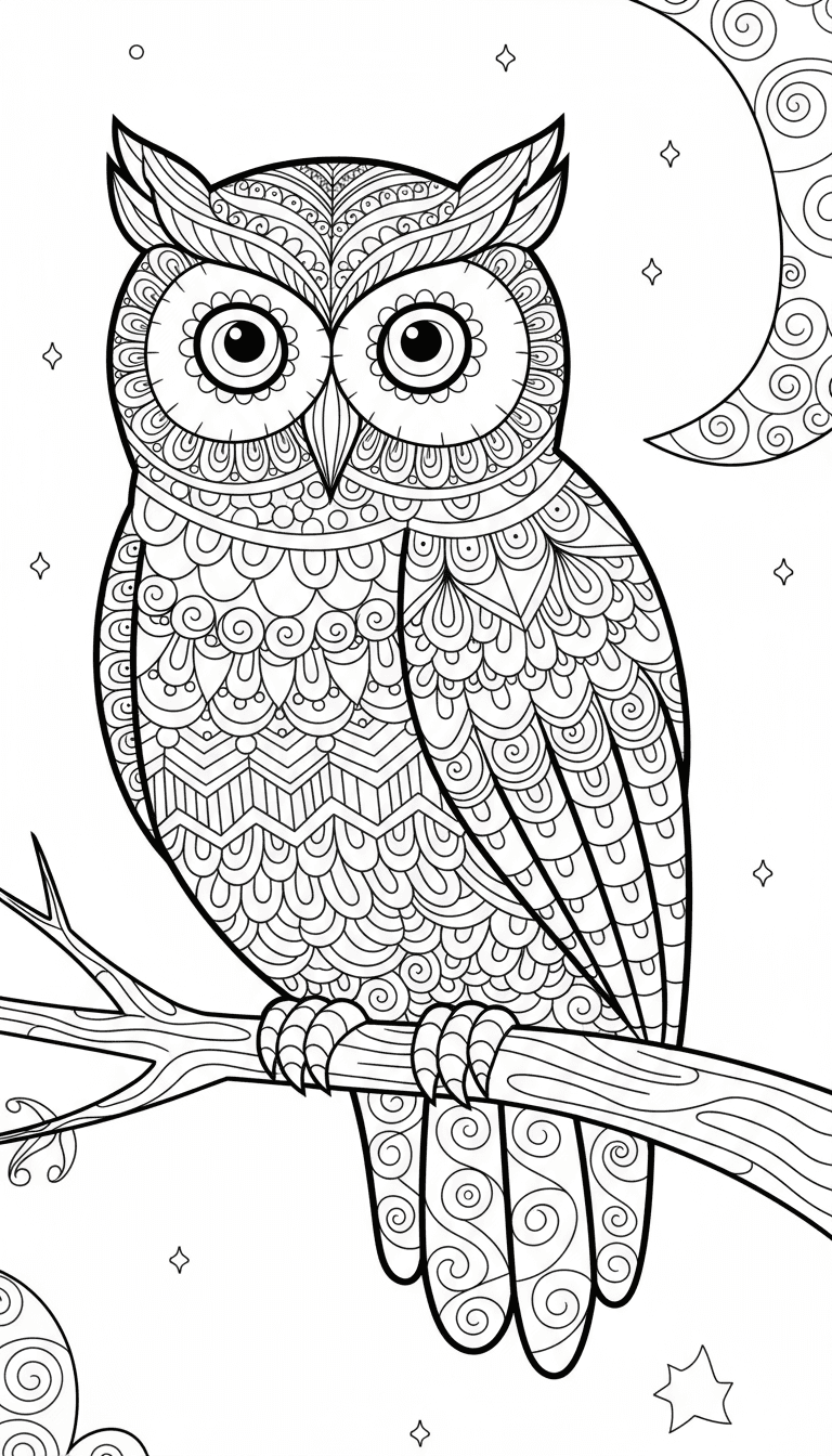 부엉이 몸통에 복잡한 반복 패턴이 있는 추상적인 젠탱글 스타일의 동물 색칠공부 도안입니다.