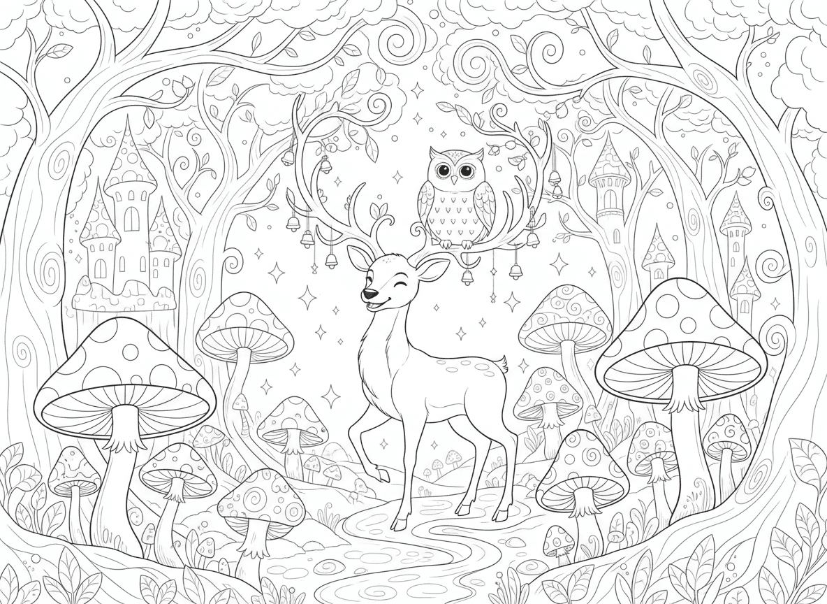신기한 나무, 웃는 버섯, 친근한 사슴과 올빼미가 있는 마법의 숲 색칠공부 도안.