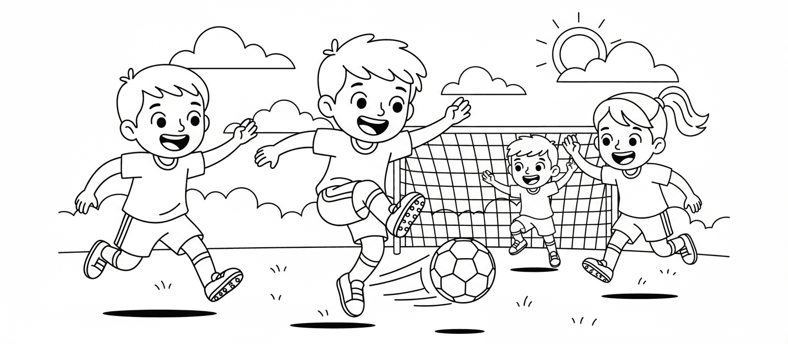 아이들이 축구하는 역동적인 모습의 색칠공부 도안입니다.